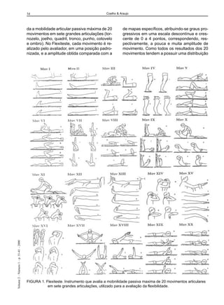 34

Coelho & Araujo

Volume 2 – Número 1 – p. 31-41 – 2000

da a mobilidade articular passiva máxima de 20
movimentos em sete grandes articulações (tornozelo, joelho, quadril, tronco, punho, cotovelo
e ombro). No Flexiteste, cada movimento é realizado pelo avaliador, em uma posição padronizada, e a amplitude obtida comparada com a

de mapas específicos, atribuindo-se graus progressivos em uma escala descontínua e crescente de 0 a 4 pontos, correspondendo, respectivamente, a pouca e muita amplitude de
movimento. Como todos os resultados dos 20
movimentos tendem a possuir uma distribuição

FIGURA 1. Flexiteste. Instrumento que avalia a mobnilidade passiva maxima de 20 movimentos articulares
em sete grandes articulações, utilizado para a avaliação da flexibilidade.

 