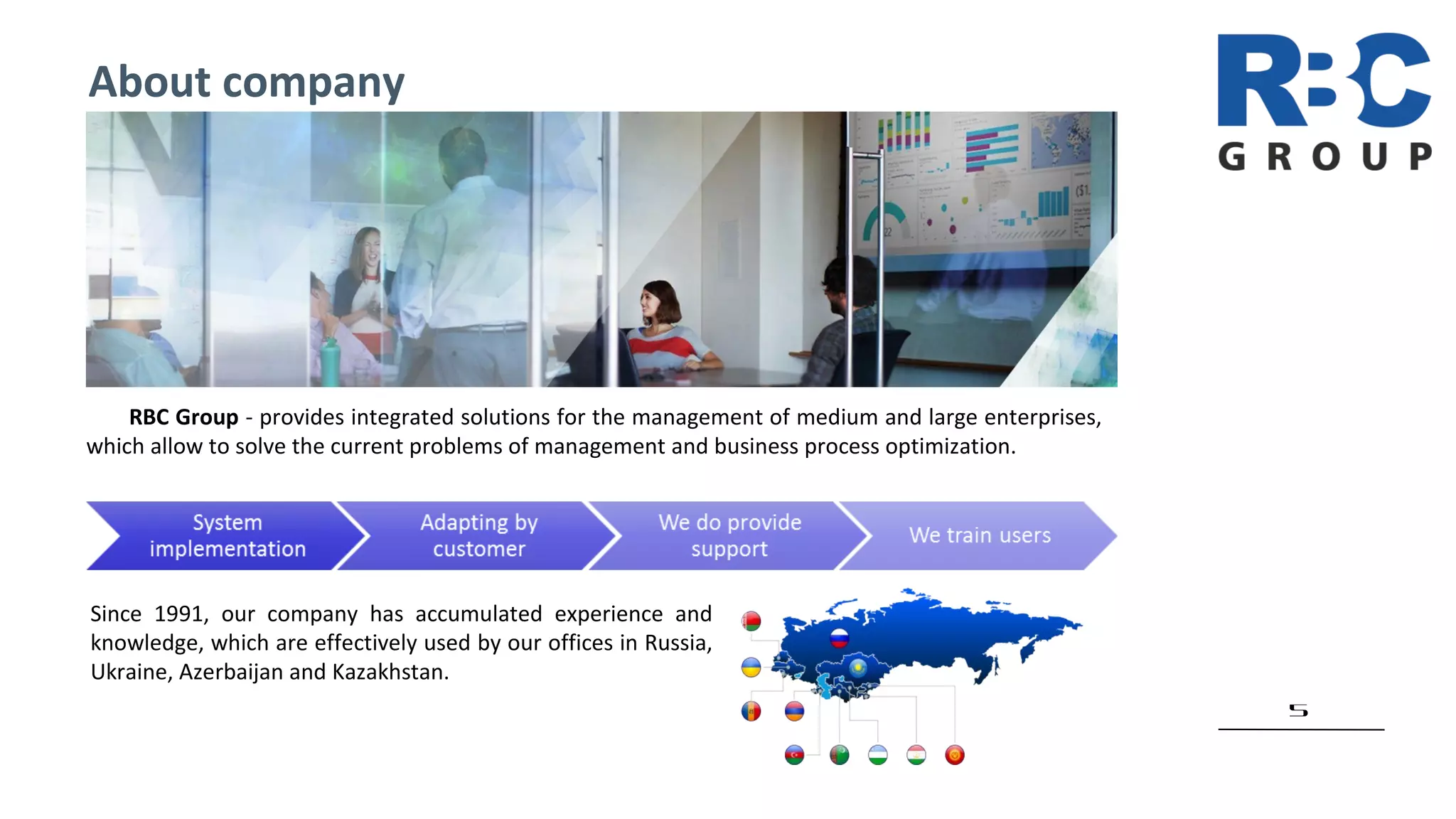 5
About company
RBC Group - provides integrated solutions for the management of medium and large enterprises,
which allow to solve the current problems of management and business process optimization.
Since 1991, our company has accumulated experience and
knowledge, which are effectively used by our offices in Russia,
Ukraine, Azerbaijan and Kazakhstan.
 