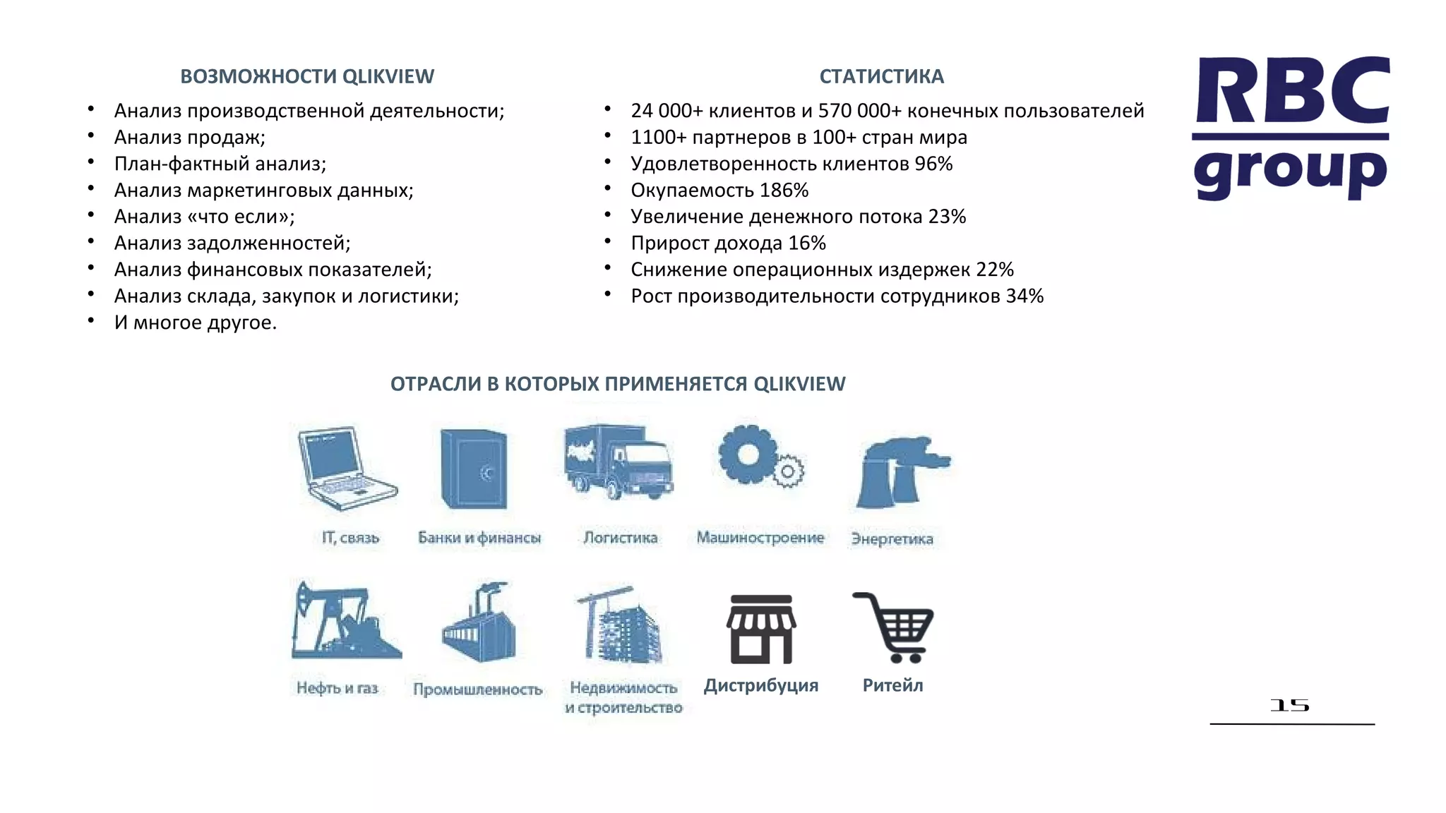 15
ОТРАСЛИ В КОТОРЫХ ПРИМЕНЯЕТСЯ QLIKVIEW
РитейлДистрибуция
ВОЗМОЖНОСТИ QLIKVIEW
• Анализ производственной деятельности;
• Анализ продаж;
• План-фактный анализ;
• Анализ маркетинговых данных;
• Анализ «что если»;
• Анализ задолженностей;
• Анализ финансовых показателей;
• Анализ склада, закупок и логистики;
• И многое другое.
СТАТИСТИКА
• 24 000+ клиентов и 570 000+ конечных пользователей
• 1100+ партнеров в 100+ стран мира
• Удовлетворенность клиентов 96%
• Окупаемость 186%
• Увеличение денежного потока 23%
• Прирост дохода 16%
• Снижение операционных издержек 22%
• Рост производительности сотрудников 34%
 