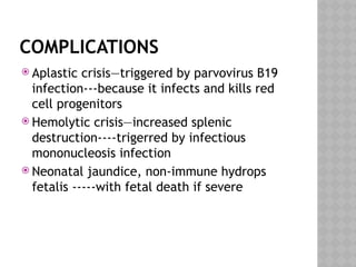 COMPLICATIONS
 Aplastic crisis—triggered by parvovirus B19
infection---because it infects and kills red
cell progenitors
 Hemolytic crisis—increased splenic
destruction----trigerred by infectious
mononucleosis infection
 Neonatal jaundice, non-immune hydrops
fetalis -----with fetal death if severe
 