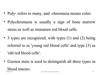 • Poly- refers to many, and -chromasia means color.
• Polychromasia  is  usually  a  sign  of  bone  marrow 
stress as well as immature red blood cells. 
• 3 types are recognized, with types (1) and (2) being 
referred to as 'young red blood cells' and type (3) as 
'old red blood cells'. 
• Giemsa stain is used to distinguish all three types in 
blood smears.08/30/18 By: Hirut Gebremichael 19
 