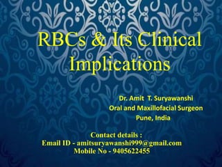 RBCs & Its Clinical 
Implications 
Dr. Amit T. Suryawanshi 
Oral and Maxillofacial Surgeon 
Pune, India 
Contact details : 
Email ID - amitsuryawanshi999@gmail.com 
Mobile No - 9405622455 
 