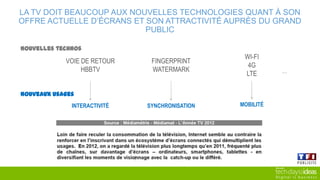 LA TV DOIT BEAUCOUP AUX NOUVELLES TECHNOLOGIES QUANT À SON OFFRE ACTUELLE
D’ÉCRANS ET SON ATTRACTIVITÉ AUPRÈS DU GRAND PUBLIC
…
VOIE DE RETOUR
HBBTV
INTERACTIVITÉ
FINGERPRINT
WATERMARK
SYNCHRONISATION
WI-FI
4G
LTE
MOBILITÉ
Nouvelles technos
Nouveaux usages
 