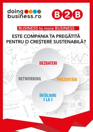 DEZBATERI
PREZENTĂRINETWORKING
ÎNTÂLNIRI
1 LA 1
BUSINESS to more BUSINESS
ESTE COMPANIA TA PREGĂTITĂ
PENTRU O CREȘTERE SUSTENABILĂ?
 