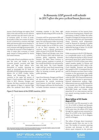 SAS® VISUAL ANALYTICS
Picture hidden trends coming into plain sight.
pursue a fixed exchange rate regime, fiscal
policyistheonlytooltheycanuse,whereas
other countries may also resort to the use
of monetary policy. In terms of scope,
fiscal policy is often not a matter of choice.
Its use is restricted in countries with high
debts and onerous debt-service burdens or
simply by virtue of EU regulations. In fact,
even countries with high government debt
can shape the structure of their budgets in
order to attain their economic or social
goals instead of being guided by inertia
and vested interests.
In the wake of fiscal consolidation over the
past few years and thanks to faster
economic growth, countries with high
debt and high fiscal deficits have
diminished in number. Assuming we
regard as meaningful the EU limits on
debt(60%ofGDP)andgeneralgovernment
deficits (3% of GDP), Croatia, Serbia,
Albania and Montenegro, the four
countries in the upper left quarter of
Figure 2, faced excessive debt and deficit
levels in 2015. Slovenia, Hungary and
Ukraine, the three countries in the upper
right segment of Figure 2, reported high
debts, but moderate fiscal deficits. The
remaining countries in the lower right
segmentaresafeaslongasGDPisontherise.
Countries with low government debt and
lowdeficitsenjoysomefiscalmanoeuvring
space, but only Romania makes increasing
use thereof. In 2015 Romania still had a
primary surplus, but as of 2016 its course
is set on fiscal expansion, the fiscal
outcome being a general government
deficit of close to 3% of GDP. The deficit in
Bulgaria, Poland and Slovakia came close
to the 3% limit in 2015, half of which was
primary deficit supporting domestic
demand. The Baltic States continue to
produce primary surpluses in periods of
low overall fiscal deficits not warranted by
their debt levels. The Czech Republic
might well have some fiscal manoeuvring
space as well that it could use to good
effect by boosting economic growth via
public spending.
Apart from Romania, Hungary and Poland
are also among those countries whose
governments are actively introducing
novel features in their fiscal systems. In
2016 Hungary will lessen the fiscal burden
on banks, introduce measures to support
private investment via low interest loans
and increase housing grants. Poland’s new
government is about to follow the earlier
example of Hungary by levying extra taxes
on financial institutions and supermarket
chains. Generous social programmes
could be financed by drawing on profits
accruing to the national bank in 2016, an
additional fiscal gap of about 1% of GDP
may open up the following year.
PublicinvestmentintheEU-CEEdepends,
to a considerable extent, on EU transfers,
thus it will go into decline in 2016. General
government gross fixed capital formation
exceeded 5% of GDP in those years when
capital transfers peaked. In Estonia and
Latvia they peaked in 2012, while in the
Czech Republic, Romania and Slovakia
they peaked in 2015. It transpired that the
peak for Romania was lower than in other
countries as the government was unable
to disburse about 20% of the eligible funds
under the 2007-2013 financial framework,
especially those devoted to government-
financed infrastructure projects. High-
disbursement years are usually followed by
a low-transfer year 2016. The exceptions
are Estonia, which is already disbursing
2014-2020 funds, and Croatia, which
joined the EU at a later juncture and has
just started receiving transfers from the
EU budget.
More inflow of EU funds
than of FDI
In 2014-2015 net FDI amounted to only
1.5- 2% of GDP in Poland and Romania
and close to zero in Hungary and Slovakia.
At the same time, the inflow of EU funds
through the capital account amounted to
about 2% of GDP in the Czech Republic,
Poland and Romania, to 3% in Bulgaria
and 4% in Hungary.
The inflow of foreign direct investment
fluctuates greatly from one year to the
next. The number of countries reporting
increases and decreases in 2015 was
almost equal compared to the previous
In Romania, GDP growth will subside
in 2017 after the pro-cyclical boost fazes out.
Figure 2: Fiscal stance of the CESEE countries, 2015
AL
BA
BG
BYCZ
EE
HR
HU
KZ
LT
LV
ME
MK
PL
RO
RS
RU
SI
SK
TR
UA
XK
0
10
20
30
40
50
60
70
80
90
100
-8.0 -6.0 -4.0 -2.0 0.0 2.0
Generalgovernmentgrossdebt,
in%ofGDP
General governmentbalancein%ofGDP
Note: Axes denote the limits included in the EU Excessive Deficit Procedure: for debt 60% of GDP, for deficits 3% of GDP.
Source: wiiw Annual Database incorporating national and Eurostat statistics.
 