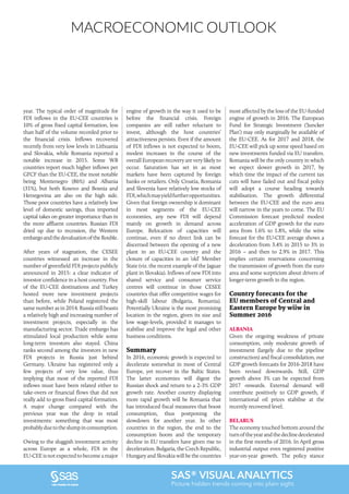 MACROECONOMIC OUTLOOK
SAS® VISUAL ANALYTICS
Picture hidden trends coming into plain sight.
year. The typical order of magnitude for
FDI inflows in the EU-CEE countries is
10% of gross fixed capital formation, less
than half of the volume recorded prior to
the financial crisis. Inflows recovered
recently from very low levels in Lithuania
and Slovakia, while Romania reported a
notable increase in 2015. Some WB
countries report much higher inflows per
GFCF than the EU-CEE, the most notable
being Montenegro (86%) and Albania
(31%), but both Kosovo and Bosnia and
Herzegovina are also on the high side.
Those poor countries have a relatively low
level of domestic savings, thus imported
capital takes on greater importance than in
the more affluent countries. Russian FDI
dried up due to recession, the Western
embargoandthedevaluationoftheRouble.
After years of stagnation, the CESEE
countries witnessed an increase in the
number of greenfield FDI projects publicly
announced in 2015: a clear indicator of
investor confidence in a host country. Five
of the EU-CEE destinations and Turkey
hosted more new investment projects
than before, while Poland registered the
same number as in 2014. Russia still boasts
a relatively high and increasing number of
investment projects, especially in the
manufacturing sector. Trade embargo has
stimulated local production while some
long-term investors also stayed. China
ranks second among the investors in new
FDI projects in Russia just behind
Germany. Ukraine has registered only a
few projects of very low value, thus
implying that most of the reported FDI
inflows must have been related either to
take-overs or financial flows that did not
really add to gross fixed capital formation.
A major change compared with the
previous year was the drop in retail
investments: something that was most
probablyduetotheslumpinconsumption.
Owing to the sluggish investment activity
across Europe as a whole, FDI in the
EU-CEE is not expected to become a major
engine of growth in the way it used to be
before the financial crisis. Foreign
companies are still rather reluctant to
invest, although the host countries’
attractiveness persists. Even if the amount
of FDI inflows is not expected to boom,
modest increases in the course of the
overall European recovery are very likely to
occur. Saturation has set in as most
markets have been captured by foreign
banks or retailers. Only Croatia, Romania
and Slovenia have relatively low stocks of
FDI,whichmayyieldfurtheropportunities.
Given that foreign ownership is dominant
in most segments of the EU-CEE
economies, any new FDI will depend
mainly on growth in demand across
Europe. Relocation of capacities will
continue, even if no direct link can be
discerned between the opening of a new
plant in an EU-CEE country and the
closure of capacities in an ‘old’ Member
State (viz. the recent example of the Jaguar
plant in Slovakia). Inflows of new FDI into
shared service and consumer service
centres will continue in those CESEE
countries that offer competitive wages for
high-skill labour (Bulgaria, Romania).
Potentially Ukraine is the most promising
location in the region, given its size and
low wage-levels, provided it manages to
stabilise and improve the legal and other
business conditions.
Summary
In 2016, economic growth is expected to
decelerate somewhat in most of Central
Europe, yet recover in the Baltic States.
The latter economies will digest the
Russian shock and return to a 2-3% GDP
growth rate. Another country displaying
more rapid growth will be Romania that
has introduced fiscal measures that boost
consumption, thus postponing the
slowdown for another year. In other
countries in the region, the end to the
consumption boom and the temporary
decline in EU transfers have given rise to
deceleration. Bulgaria, the Czech Republic,
Hungary and Slovakia will be the countries
most affected by the loss of the EU-funded
engine of growth in 2016. The European
Fund for Strategic Investment (‘Juncker
Plan’) may only marginally be available of
the EU-CEE. As for 2017 and 2018, the
EU-CEE will pick up some speed based on
new investments funded via EU transfers.
Romania will be the only country in which
we expect slower growth in 2017, by
which time the impact of the current tax
cuts will have faded out and fiscal policy
will adopt a course heading towards
stabilisation. The growth differential
between the EU-CEE and the euro area
will narrow in the years to come. The EU
Commission forecast predicted modest
acceleration of GDP growth for the euro
area from 1.6% to 1.8%, while the wiiw
forecast for the EU-CEE average shows a
deceleration from 3.4% in 2015 to 3% in
2016 – and then to 2.9% in 2017. This
implies certain reservations concerning
the transmission of growth from the euro
area and some scepticism about drivers of
longer-term growth in the region.
Country forecasts for the
EU members of Central and
Eastern Europe by wiiw in
Summer 2016
ALBANIA
Given the ongoing weakness of private
consumption, only moderate growth of
investment (largely due to the pipeline
construction) and fiscal consolidation, our
GDP growth forecasts for 2016-2018 have
been revised downwards. Still, GDP
growth above 3% can be expected from
2017 onwards. External demand will
contribute positively to GDP growth, if
international oil prices stabilise at the
recently recovered level.
BELARUS
The economy touched bottom around the
turnoftheyearandthedeclinedecelerated
in the first months of 2016. In April gross
industrial output even registered positive
year-on-year growth. The policy stance
 