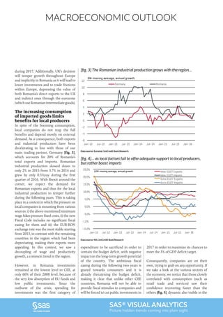 MACROECONOMIC OUTLOOK
SAS® VISUAL ANALYTICS
Picture hidden trends coming into plain sight.
during 2017. Additionally, UK’s decision
will temper growth throughout Europe
and implicitly in Romania as it will lead to
lower investments and to trade frictions
within Europe, depressing the value of
both Romania’s direct exports to the UK
and indirect ones through the eurozone
(whichuseRomanianintermediategoods).
The increasing consumption
of imported goods limits
benefits for local producers
In spite of the booming consumption,
local companies do not reap the full
benefits and depend mostly on external
demand. As a consequence, both exports
and industrial production have been
decelerating in line with those of our
main trading partner, Germany [fig. 3],
which accounts for 20% of Romania’s
total exports and imports. Romanian
industrial production slowed down to
only 2% in 2015 from 3.7% in 2014 and
grew by only 0.5%yoy during the first
quarter of 2016. With Brexit around the
corner, we expect the demand for
Romanian exports and thus for the local
industrial production to temper further
during the following years. This is taking
place in a context in which the pressure on
local companies is mounting from various
sources:i)theabove-mentionedminimum
wage hikes pressure fixed costs, ii) the new
Fiscal Code includes no significant fiscal
easing for them and iii) the EUR-RON
exchange rate was the most stable starting
from 2013, in contrast with the remaining
countries in the region which had been
depreciating, making their exports more
appealing. In this context, we saw a
decoupling of wage and productivity
growth, a common trend in the region.
However, in Romania investments
remained at the lowest level in CEE, at
only 60% of their 2008 level, because of
the very low absorption of EU funds and
low public investments. Since the
outburst of the crisis, spending for
investments was the first category of
expenditure to be sacrificed in order to
contain the budget deficit, with negative
impact on the long-term growth potential
of the country. The ambitious fiscal
easing during the following two years is
geared towards consumers and it is
already threatening the budget deficit,
making it clear that unlike other CEE
countries, Romania will not be able to
provide fiscal stimulus to companies and
will be forced to cut public investments in
2017 in order to maximize its chances to
meet the 3% of GDP deficit target.
Consequently, companies are on their
own, trying to grab on any opportunity. If
we take a look at the various sectors of
the economy, we notice that those closely
correlated with consumption (such as
retail trade and services) saw their
confidence recovering faster than the
others [fig. 5], dynamic also visible in the
[fig. 3] The Romanian industrial production grows with the region…
Data source: Eurostat, UniCredit Bank Research
-6
-4
-2
0
2
4
6
8
10
12
Jan-12 Jul-12 Jan-13 Jul-13 Jan-14 Jul-14 Jan-15 Jul-15 Jan-16
Germany Romania
3M-moving average, annual growth
[fig. 4]… as local factors fail to offer adequate support to local producers,
but rather boost imports
Data source: NIS, UniCredit Bank Research
-15.0%
-1.0%
-5.0%
0.0%
5.0%
10.0%
15.0%
20.0%
25.0%
Jan-12 Jul-12 Jan-13 Jul-13 Jan-14 Jul-14 Jan-15 Jul-15 Jan-16
Intra EU27 Exports
Intra EU27 Imports
Extra EU27 Exports
Extra EU27 Imports
12M-moving average, annual growth
 