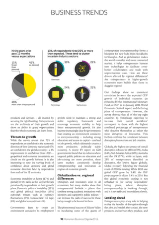 90 Romanian Business Digest•2016
BUSINESS TRENDS
products and services – all enabled by
securing the right funding. Entrepreneurs
are the architects of their growth and
show an ability to grasp opportunities
that the whole economy can learn from.
Threats to growth
While the survey reveals that 72% of
respondents are confident in the economic
direction of their domestic market and 67%
are confident in the global economy – a 1%
improvement in confidence from 2015 –
geopolitical and economic uncertainty are
clouds on the growth horizon. It is also
interesting to note the varying levels of
confidence about domestic and global
economic direction held by respondents
from each of the 12 territories.
Economic instability at home (17%) and
globally (15%) rank as the largest threats
perceived by respondents to their growth
plans. Domestic political instability (11%)
and global political instability (10%)
outweigh threats such as currency
fluctuations (7%), bureaucratic red tape
(6%) and global competition (4%).
Governments keen to create an
environment conducive to employment
growth need to maintain a strong and
stable regulatory framework and
encourage economic stability to help
foster entrepreneurial growth. It’s also
becomeincreasinglyclearforgovernments
that creating an environment conducive
to entrepreneurship – including strong
education and access to capital – can lead
to job growth, which ultimately creates a
more productive, politically stable
economy. A recent EY report on G20
governments found that in cultures where
targeted public policies on education and
job-training are more prevalent, these
same markets consistently develop
entrepreneurship and innovation as
engines of economic growth.
Globalization vs. regional
differences
Disruptors and innovators exist in all
economies, but many studies show that
entrepreneurial hotbeds – places that
combine strong academic institutions with
investors and supportive public policies –
can increase the odds of success for those
lucky enough to be located in them.
The phenomenal success of Silicon Valley
in incubating some of the giants of
contemporary entrepreneurship forms a
blueprint for new hubs from Stockholm
to Shanghai. And as globalization makes
the world a smaller and more connected
market, it helps entrepreneurs harness
new technologies to facilitate cross-
border collaboration and trade with
unprecedented ease. How are these
drivers affected by regional differences?
Are entrepreneurs in higher-growth
economies more bullish than those in
sluggish regions?
Our findings show no consistent
correlation between the expected GDP
growth of individual countries (as
predicted by the International Monetary
Fund, or IMF, in its January 2016 World
Economic Outlook report) and the hiring
plans of entrepreneurs. However, the
survey showed that all of the top eight
countries by ‘percentage expecting to
increase their overall workforce’
correspond to those with the highest
combined percentage of entrepreneurs
who describe themselves as either the
most disruptive or innovative. This
further confirms the correlation between
disruption/innovation and job creation.
Globally, the highest occurrence of overall
disruption is found in MENA (70%), India
(64%),Sub-SaharanAfrica(60%),Australia
and the UK (57%), while in Japan, only
23% of entrepreneurs identified as
disruptive, the lowest figure globally.
Global recovery following the financial
crash of 2008 is slowing. While 2010 saw
global GDP grow by 5.4%, the IMF
projects growth of just 3.4% in 2016. But
this global economic cooling is not
reflected in our survey respondents’
hiring plans, where disruptive
entrepreneurship is breaking through,
and it is not reflected in confidence levels.
Looking ahead
Entrepreneurs play a key role in helping
realize the benefits of disruption through
the jobs and wealth they create, the new
products and services they produce, and
40%
more than they expected
15%
fewer
than
planned
Hiring plans over
past 12 months
versus expectations
13% of respondents hired 20% or more
than expected. These tend to cluster
in certain industry sectors:
45%
as planned
Chemicals Biotech
30% 26%
24%
Technology
22%
Agribusiness
 