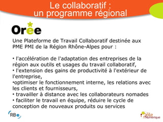 Le collaboratif : un programme régional Une Plateforme de Travail Collaboratif destinée aux PME PMI de la Région Rhône-Alpes pour : l'accélération de l'adaptation des entreprises de la région aux outils et usages du travail collaboratif, l'extension des gains de productivité à l'extérieur de l'entreprise, optimiser le fonctionnement interne, les relations avec les clients et fournisseurs, travailler à distance avec les collaborateurs nomades faciliter le travail en équipe, réduire le cycle de conception de nouveaux produits ou services 