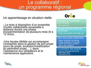 Un apprentissage en situation réelle La mise à disposition d’un ensemble d’outils collaboratifs accessible à distance durant une phase d’expérimentation de plusieurs mois (6 à 12 mois). Une équipe dédiée qui accompagne l’entreprise dans la gestion de son projet (suivi de projet, évolution/modification du périmètre projet …), dans l’assistance aux utilisateurs et la maintenance applicative  Le collaboratif : un programme régional 