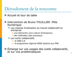 Déroulement de la rencontre Accueil et tour de table Intervention de Bruno THUILLIER -Pôle Numérique  Les champs d'utilisation du travail collaboratif en entreprise  une démarche /une culture d'entreprise;  des méthodes /des processus Les outils collaboratifs  le WEB 2.0  le programme régional OREE destiné aux PME Échange sur vos usages des outils collaboratifs, et sur vos problématiques 