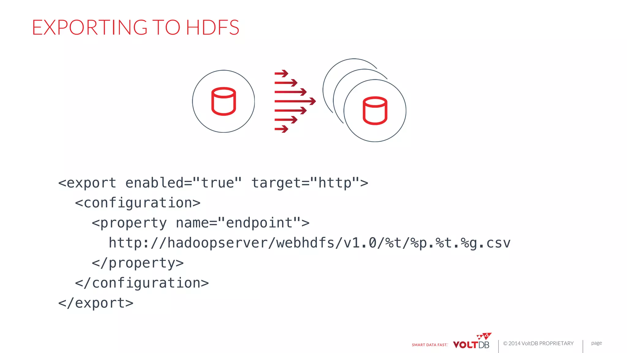 page
© 2014 VoltDB PROPRIETARY
EXPORTING TO HDFS
<export enabled="true" target="http">!
<configuration>!
<property name="endpoint">!
http://hadoopserver/webhdfs/v1.0/%t/%p.%t.%g.csv!
</property>!
</configuration>!
</export>
 