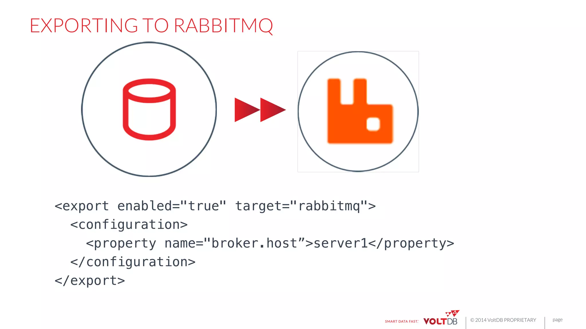 page
© 2014 VoltDB PROPRIETARY
EXPORTING TO RABBITMQ
<export enabled="true" target="rabbitmq">!
<configuration>!
<property name="broker.host”>server1</property>!
</configuration>!
</export>
 