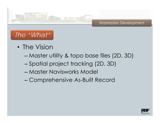 Masterplan Development


The “What”
• The Vision
  – Master utility & topo base files (2D, 3D)
    M t      tilit   t    b    fil (2D
  – Spatial project tracking (2D, 3D)
  – Master Navisworks Model
  – Comprehensive As-Built Record
 