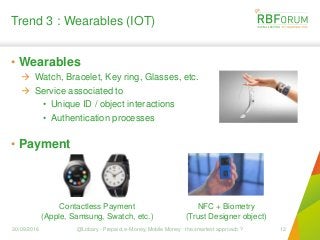 Trend 3 : Wearables (IOT)
• Wearables
 Watch, Bracelet, Key ring, Glasses, etc.
 Service associated to
• Unique ID / object interactions
• Authentication processes
• Payment
30/09/2016 @Lobary - Prepaid, e-Money, Mobile Money : the smartest approach ? 12
NFC + Biometry
(Trust Designer object)
Contactless Payment
(Apple, Samsung, Swatch, etc.)
 