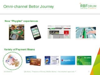 Omni-channel Bettor Journey
New “Phygital” experiences
30/09/2016 @Lobary - Prepaid, e-Money, Mobile Money : the smartest approach ? 5
Variety of Payment Means
 