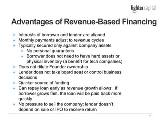 11
 Interests of borrower and lender are aligned
 Monthly payments adjust to revenue cycles
 Typically secured only against company assets
 No personal guarantees
 Borrower does not need to have hard assets or
physical inventory (a benefit for tech companies)
 Does not dilute Founder ownership
 Lender does not take board seat or control business
decisions
 Quicker source of funding
 Can repay loan early as revenue growth allows: if
borrower grows fast, the loan will be paid back more
quickly
 No pressure to sell the company; lender doesn’t
depend on sale or IPO to receive return
Advantages of Revenue-Based Financing
 