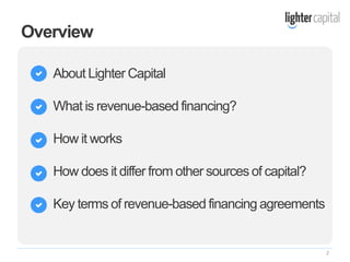 Overview
About Lighter Capital
What is revenue-based financing?
How it works
How does it differ from other sources of capital?
Key terms of revenue-based financing agreements
2
 