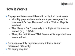 7
How it Works
Repayment terms are different from typical bank loans.
• Monthly payment amounts are a percentage of the
prior month’s “Net Revenue” until a “Return Cap” is
reached.
• The “Return Cap” is usually a multiple of the amount
loaned (e.g., 1.35-2x)
• Thus, the definition of “Net Revenue” is important in a
revenue loan.
Because monthly payments vary, interest is also
calculated differently.
No equity required
 