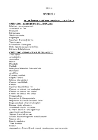 RBHA 65


                                        APÊNDICE C


                 RELAÇÃO DAS MATÉRIAS DO MÓDULO DE CÉLULA
CAPÍTULO 1 – ESTRUTURAS DE AERONAVES
Principais estresses estruturais
Aeronave de asa fixa
Fuselagem
Estrutura alar
Naceles ou casulos
Empenagem
Superfícies de controle de vôo
Trem de pouso
Revestimento e carenagens
Portas e janelas de acesso e inspeção
Estruturas de helicópteros
CAPÍTULO 2 – MONTAGEM E ALINHAMENTO
Teoria de vôo
Aerodinâmica
A atmosfera
Pressão
Densidade
Umidade
Princípio de Bernoulli e fluxo subsônico
Movimento
Aerofólios
Centro de gravidade
Empuxo e arrasto
Eixos de uma aeronave
Controle e estabilidade
Controle
Superfície de controle de vôo
Controle em torno do eixo longitudinal
Controle em torno do eixo vertical
Controle em torno do eixo lateral
Compensadores
Dispositivos de hipersustentação
Dispositivos de controle da camada limite
Forças que atuam sobre um helicóptero
Eixos de vôo do helicóptero
Aerodinâmica de alta velocidade
Exemplos típicos de fluxo supersônico
Aquecimento aerodinâmico
Sistemas de controle de vôo
Sistemas de controle operados hidraulicamente
Guias de cabos
Ligações mecânicas
Tubos de torque
Batentes
Amortecedores de superfície de controle e equipamentos para travamento
 