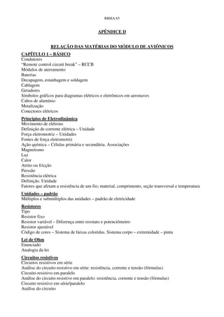 RBHA 65


                                           APÊNDICE D


                  RELAÇÃO DAS MATÉRIAS DO MÓDULO DE AVIÔNICOS
CAPÍTULO 1 – BÁSICO
Condutores
“Remote control circuit break” – RCCB
Módulos de aterramento
Baterias
Decapagem, estanhagem e soldagem
Cablagem
Geradores
Símbolos gráficos para diagramas elétricos e eletrônicos em aeronaves
Cabos de alumínio
Metalização
Conectores elétricos
Princípios de Eletrodinâmica
Movimento de elétrons
Definição de corrente elétrica – Unidade
Força eletromotriz – Unidades
Fontes de força eletromotriz
Ação química – Células primária e secundária. Associações
Magnetismo
Luz
Calor
Atrito ou fricção
Pressão
Resistência elétrica
Definição. Unidade
Fatores que afetam a resistência de um fio; material, comprimento, seção transversal e temperatura
Unidades – padrão
Múltiplos e submúltiplos das unidades – padrão de eletricidade
Resistores
Tipo
Resistor fixo
Resistor variável – Diferença entre reostato e potenciômetro
Resistor ajustável
Código de cores – Sistema de faixas coloridas. Sistema corpo – extremidade – pinta
Lei de Ohm
Enunciado
Analogia da lei
Circuitos resistivos
Circuitos resistivos em série
Análise do circuito resistivo em série: resistência, corrente e tensão (fórmulas)
Circuito resistivo em paralelo
Análise do circuito resistivo em paralelo: resistência, corrente e tensão (fórmulas)
Circuito resistivo em série/paralelo
Análise do circuito
 