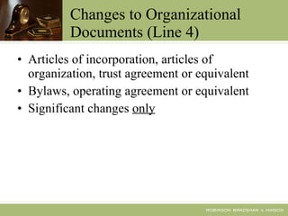 Changes to Organizational Documents (Line 4) Articles of incorporation, articles of organization, trust agreement or equivalent Bylaws, operating agreement or equivalent Significant changes  only 