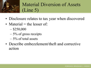 Material Diversion of Assets (Line 5) Disclosure relates to tax year when discovered Material = the lesser of: $250,000 5% of gross receipts 5% of total assets Describe embezzlement/theft and corrective action 