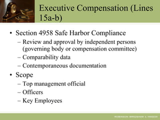 Executive Compensation (Lines 15a-b) Section 4958 Safe Harbor Compliance Review and approval by independent persons (governing body or compensation committee) Comparability data Contemporaneous documentation Scope Top management official Officers Key Employees 