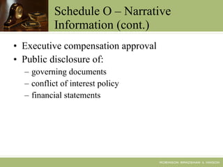 Schedule O – Narrative Information (cont.) Executive compensation approval Public disclosure of: governing documents conflict of interest policy financial statements 