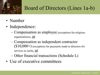 Board of Directors (Lines 1a-b) Number Independence: Compensation as employee  (exceptions for religious organizations) ,  or Compensation as independent contractor ($10,000+)  (exceptions for payments made to directors for services as such) ,  or Other financial transactions (Schedule L) Use of executive committees 