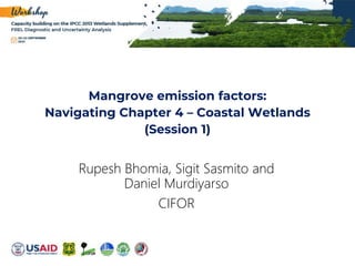 Mangrove emission factors:
Navigating Chapter 4 – Coastal Wetlands
(Session 1)
Rupesh Bhomia, Sigit Sasmito and
Daniel Murdiyarso
CIFOR
 