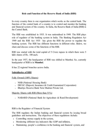 Role of India's Central Bank, the RBI | PDF