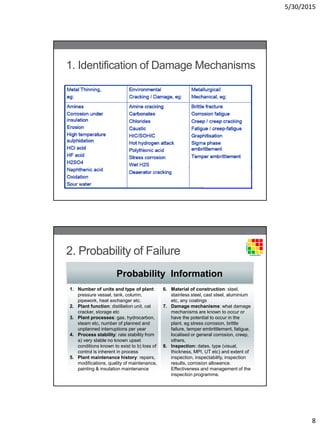 5/30/2015
8
1. Identification of Damage Mechanisms
2. Probability of Failure
6. Material of construction: steel,
stainless steel, cast steel, aluminium
etc, any coatings
7. Damage mechanisms: what damage
mechanisms are known to occur or
have the potential to occur in the
plant. eg stress corrosion, brittle
failure, temper embrittlement, fatigue,
localised or general corrosion, creep,
others,
8. Inspection: dates, type (visual,
thickness, MPI, UT etc) and extent of
inspection, inspectability, inspection
results, corrosion allowance.
Effectiveness and management of the
inspection programme.
1. Number of units and type of plant:
pressure vessel, tank, column,
pipework, heat exchanger etc.
2. Plant function: distillation unit, cat
cracker, storage etc
3. Plant processes: gas, hydrocarbon,
steam etc, number of planned and
unplanned interruptions per year
4. Process stability: rate stability from
a) very stable no known upset
conditions known to exist to b) loss of
control is inherent in process
5. Plant maintenance history: repairs,
modifications, quality of maintenance,
painting & insulation maintenance
Probability Information
 