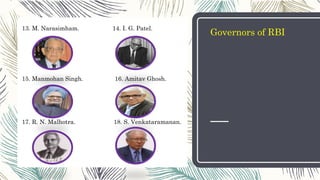 Governors of RBI
13. M. Narasimham. 14. I. G. Patel.
15. Manmohan Singh. 16. Amitav Ghosh.
17. R. N. Malhotra. 18. S. Venkataramanan.
 
