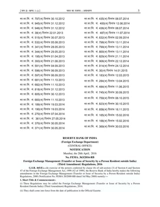 ¹Hkkx IIµ[k.M 3 (i)º Hkkjr dk jkti=k % vlk/kj.k 5
सा.का.िन. सं. 797(अ) ᳰदनांक 30.10.2012
सा.का.िन. सं. 945(अ) ᳰदनांक 31.12.2012
सा.का.िन. सं. 946(अ) ᳰदनांक 31.12.2012
सा.का.िन. सं. 38(अ) ᳰदनांक 22.01.2013
सा.का.िन. सं. 515(अ) ᳰदनांक 30.07.2013
सा.का.िन. सं. 532(अ) ᳰदनांक 05.08.2013
सा.का.िन. सं. 341(अ) ᳰदनांक 28.05.2013
सा.का.िन. सं. 344(अ) ᳰदनांक 29.05.2013
सा.का.िन. सं. 195(अ) ᳰदनांक 01.04.2013
सा.का.िन. सं. 393(अ) ᳰदनांक 21.06.2013
सा.का.िन. सं. 591(अ) ᳰदनांक 04.09.2013
सा.का.िन. सं. 596(अ) ᳰदनांक 06.09.2013
सा.का.िन. सं. 597(अ) ᳰदनांक 06.09.2013
सा.का.िन. सं. 681(अ) ᳰदनांक 11.10.2013
सा.का.िन. सं. 682(अ) ᳰदनांक 11.10.2013
सा.का.िन. सं. 818(अ) ᳰदनांक 31.12.2013
सा.का.िन. सं. 805(अ) ᳰदनांक 30.12.2013
सा.का.िन. सं. 683(अ) ᳰदनांक 11.10.2013
सा.का.िन. सं. 189(अ) ᳰदनांक 19.03.2014
सा.का.िन. सं. 190(अ) ᳰदनांक 19.03.2014
सा.का.िन. सं. 270(अ) ᳰदनांक 07.04.2014
सा.का.िन. सं. 361(अ) ᳰदनांक 27.05.2014
सा.का.िन. सं. 370(अ) ᳰदनांक 30.05.2014
सा.का.िन. सं. 371(अ) ᳰदनांक 30.05.2014
सा.का.िन. सं. 435(अ) ᳰदनांक 08.07.2014
सा.का.िन. सं. 400(अ) ᳰदनांक 12.06.2014
सा.का.िन. सं. 436(अ) ᳰदनांक 08.07.2014
सा.का.िन. सं. 487(अ) ᳰदनांक 11.07.2014
सा.का.िन. सं. 632(अ) ᳰदनांक 02.09.2014
सा.का.िन. सं. 798(अ) ᳰदनांक 13.11.2014
सा.का.िन. सं. 799(अ) ᳰदनांक 13.11.2014
सा.का.िन. सं. 800(अ) ᳰदनांक 13.11.2014
सा.का.िन. सं. 829(अ) ᳰदनांक 21.11.2014
सा.का.िन. सं. 906(अ) ᳰदनांक 22.12.2014
सा.का.िन. सं. 914(अ) ᳰदनांक 24.12.2014
सा.का.िन. सं. 30(अ) ᳰदनांक 14.01.2015
सा.का.िन. सं. 183(अ) ᳰदनांक 12.03.2015
सा.का.िन. सं. 284(अ) ᳰदनांक 13.04.2015
सा.का.िन. सं. 484(अ) ᳰदनांक 11.06.2015
सा.का.िन. सं. 745(अ) ᳰदनांक 30.09.2015
सा.का.िन. सं. 759(अ) ᳰदनांक 06.10.2015
सा.का.िन. सं. 823(अ) ᳰदनांक 30.10.2015
सा.का.िन. सं. 858(अ) ᳰदनांक 16.11.2015
सा.का.िन. सं. 165(अ) ᳰदनांक 15.02.2016
सा.का.िन. सं. 166(अ) ᳰदनांक 15.02.2016
सा.का.िन. सं. 369(अ) ᳰदनांक 30.03.2016
RESERVE BANK OF INDIA
(Foreign Exchange Department)
(CENTRAL OFFICE)
NOTIFICATION
Mumbai, the 28th April, 2016
No. FEMA. 363/2016-RB
Foreign Exchange Management (Transfer or Issue of Security by a Person Resident outside India)
(Third Amendment) Regulations, 2016
G.S.R. 465(E).—In exercise of the powers conferred by clause (b) of sub-section (3) of Section 6 and Section
47 of the Foreign Exchange Management Act, 1999 (42 of 1999), the Reserve Bank of India hereby makes the following
amendments in the Foreign Exchange Management (Transfer or Issue of Security by a Person Resident outside India)
Regulations, 2000 (Notification No. FEMA 20/2000-RB dated 3rd May 2000) namely:—
1. Short Title & Commencement:-
(i) These Regulations may be called the Foreign Exchange Management (Transfer or Issue of Security by a Person
Resident Outside India) (Third Amendment) Regulations, 2016.
(ii) They shall come into force from the date of publication in the Official Gazette.
 