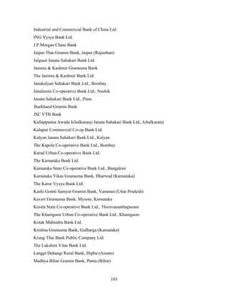 Industrial and Commercial Bank of China Ltd.
ING Vysya Bank Ltd.
J.P.Morgan Chase Bank
Jaipur Thar Gramin Bank, Jaipur (Rajasthan)
Jalgaon Janata Sahakari Bank Ltd.
Jammu & Kashmir Grameena Bank
The Jammu & Kashmir Bank Ltd.
Janakalyan Sahakari Bank Ltd., Bombay
Janalaxmi Co-operative Bank Ltd., Nashik
Janata Sahakari Bank Ltd., Pune.
Jharkhand Gramin Bank
JSC VTB Bank
Kallappanna Awade Ichalkaranji Janata Sahakari Bank Ltd., Ichalkaranji
Kalupur Commercial Co-op.Bank Ltd.
Kalyan Janata Sahakari Bank Ltd., Kalyan
The Kapole Co-operative Bank Ltd., Bombay
Karad Urban Co-operative Bank Ltd.
The Karnataka Bank Ltd.
Karnataka State Co-operative Bank Ltd., Bangalore
Karnataka Vikas Grameena Bank, Dharwad (Karnataka)
The Karur Vysya Bank Ltd.
Kashi Gomti Samyut Gramin Bank, Varanasi (Uttar Pradesh)
Kaveri Grameena Bank, Mysore, Karnataka
Kerala State Co-operative Bank Ltd., Thiruvananthapuram
The Khamgaon Urban Co-operative Bank Ltd., Khamgaon.
Kotak Mahindra Bank Ltd.
Krishna Grameena Bank, Gulbarga (Karnataka)
Krung Thai Bank Public Company Ltd.
The Lakshmi Vilas Bank Ltd.
Langpi Dehangi Rural Bank, Diphu (Assam)
Madhya Bihar Gramin Bank, Patna (Bihar)
103
 