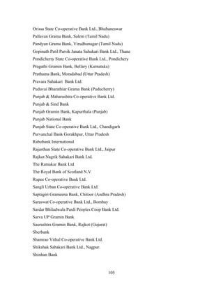 Orissa State Co-operative Bank Ltd., Bhubaneswar
Pallavan Grama Bank, Salem (Tamil Nadu)
Pandyan Grama Bank, Virudhunagar (Tamil Nadu)
Gopinath Patil Parsik Janata Sahakari Bank Ltd., Thane
Pondicherry State Co-operative Bank Ltd., Pondichery
Pragathi Gramin Bank, Bellary (Karnataka)
Prathama Bank, Moradabad (Uttar Pradesh)
Pravara Sahakari Bank Ltd.
Puduvai Bharathiar Grama Bank (Puducherry)
Punjab & Maharashtra Co-operative Bank Ltd.
Punjab & Sind Bank
Punjab Gramin Bank, Kapurthala (Punjab)
Punjab National Bank
Punjab State Co-operative Bank Ltd., Chandigarh
Purvanchal Bank Gorakhpur, Uttar Pradesh
Rabobank International
Rajasthan State Co-operative Bank Ltd., Jaipur
Rajkot Nagrik Sahakari Bank Ltd.
The Ratnakar Bank Ltd
The Royal Bank of Scotland N.V
Rupee Co-operative Bank Ltd.
Sangli Urban Co-operative Bank Ltd.
Saptagiri Grameena Bank, Chitoor (Andhra Pradesh)
Saraswat Co-operative Bank Ltd., Bombay
Sardar Bhiladwala Pardi Peoples Coop Bank Ltd.
Sarva UP Gramin Bank
Saurashtra Gramin Bank, Rajkot (Gujarat)
Sberbank
Shamrao Vithal Co-operative Bank Ltd.
Shikshak Sahakari Bank Ltd., Nagpur.
Shinhan Bank
105
 