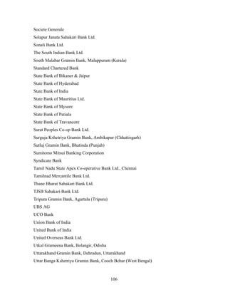 Societe Generale
Solapur Janata Sahakari Bank Ltd.
Sonali Bank Ltd.
The South Indian Bank Ltd.
South Malabar Gramin Bank, Malappuram (Kerala)
Standard Chartered Bank
State Bank of Bikaner & Jaipur
State Bank of Hyderabad
State Bank of India
State Bank of Mauritius Ltd.
State Bank of Mysore
State Bank of Patiala
State Bank of Travancore
Surat Peoples Co-op Bank Ltd.
Surguja Kshetriya Gramin Bank, Ambikapur (Chhattisgarh)
Sutluj Gramin Bank, Bhatinda (Punjab)
Sumitomo Mitsui Banking Corporation
Syndicate Bank
Tamil Nadu State Apex Co-operative Bank Ltd., Chennai
Tamilnad Mercantile Bank Ltd.
Thane Bharat Sahakari Bank Ltd.
TJSB Sahakari Bank Ltd.
Tripura Gramin Bank, Agartala (Tripura)
UBS AG
UCO Bank
Union Bank of India
United Bank of India
United Overseas Bank Ltd.
Utkal Grameena Bank, Bolangir, Odisha
Uttarakhand Gramin Bank, Dehradun, Uttarakhand
Uttar Banga Kshetriya Gramin Bank, Cooch Behar (West Bengal)
106
 