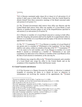 1
[*****]
2
[(2) A Director nominated under clause (b) or clause (c) of sub-section (1) of
section 8 shall cease to hold office if without leave from the Central Board he
absents himself from three consecutive meetings of the Board convened under
sub-section (1) of section 13.]
(3) The 3
[Central Government] shall remove from office any Director and the
Central Board shall remove from office any member of a Local Board, if such
Director or member becomes subject to any of the disqualifications specified in
sub-section (1) or sub-section (2) of section 10.
(4) A Director or member of a Local Board removed or ceasing to hold office,
under the foregoing sub-sections shall not be eligible for re-appointment either as
Director or as member of a Local Board until the expiry of the term for which his
appointment was made.
(5) The 4
[* * *] nomination 5
[* * *] as Director or member of a Local Board of
any person who is a member of 6
[Parliament or the Legislature 7
[of any State]]
shall be void, unless, within two months of the date of his 8
[* * *] nomination 9
[*
* *], he ceases to be such member, and, if any Director or member of a Local
Board is elected or nominated as a member of 10
[Parliament or any such
Legislature], he shall cease to be a Director or member of the Local Board as from
the date of such election or nomination, as the case may be.
(6) A Director may resign his office to the 11
[Central Government], and a member
of a Local Board may resign his office to the Central Board, and on the
acceptance of the resignation the office shall become vacant.
12. Casual Vacancies and absences
(1) If the Governor or a Deputy Governor by infirmity or otherwise is rendered
incapable of executing his duties or is absent on leave or otherwise in
circumstances not involving the vacation of his appointment, the 12
[Central
1
The proviso omitted by Act 62 of 1948, s.7 and Sch. (w.e.f. 1-1-1949).
2
Subs. by s.7 and Sch., Act 62 of 1948, for the former sub-section (2) (w.e.f. 1-1-1949).
3
Subs. by the M. O. 1937, for “G. G. in C.”.
4
The word “appointment” omitted by Act 62 of 1948, s.7 and Sch. (w.e.f. 1-1-1949).
5
The words “or election” omitted by s.7 and Sch., Act 62 of 1948 (w.e.f. 1-1-1949).
6
Subs. by the A. O. 1950, for certain words.
7
Subs. by Act 32 of 1951, s.6, for “of a Part A State or a Part C State” (w.e.f. 1-11-1951).
8
The word “appointment” omitted by Act 62 of 1948, s.7 and Sch. (w.e.f. 1-1-1949).
9
The words “or election” omitted by s.7 and Sch., Act 62 of 1948 (w.e.f. 1-1-1949).
10
Subs. by the A.O. 1950, for “any such Legislature or Council”.
11
Subs. by the M. O. 1937, for “G. G. in C.”.
12
Subs. by the M. O. 1937, for “G. G. in C.”.
21
 