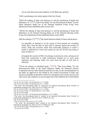 (ii) on such other terms and conditions as the Bank may specify];
1
[(4F) contributing to the initial capital of the Unit Trust];
2
[(4G) the making of loans and advances to, and the purchasing of bonds and
debentures of, 3
[****] 4
[the Exim Bank] 5
[or the Reconstruction Bank] 6
[or the
Small Industries Bank] out of the National Industrial Credit (Long Term
Operations) Fund established under section 46C;
7
[(4GG) the making of loans and advances to, and the purchasing of bonds and
debentures of, the National Housing Bank out of the National Housing Credit
(Long Term Operations) Fund established under section 46D];
(4H) the making to 8
[*****] 9
[the Small Industries Bank] of loans and advances -
(a) repayable on demand or on the expiry of fixed periods not exceeding
ninety days, from the date of such loan or advance against the security of
stocks, funds and securities (other than immovable property) in which a
trustee is authorised to invest trust money by any law for the time being in
force in India; or
(b) against the security of bills of exchange or promissory notes, arising out of
bona fide commercial or trade transactions bearing two or more good
signatures and maturing within five years from the date of such loan or
advance];
10
[(4-I) the making to scheduled banks, 11
[****] 12
[the Exim Bank] 13
[or the
Reconstruction Bank or the Small Industries Bank], the Industrial Finance
Corporation and any other financial institution as may, on the recommendation of
the Bank, be approved in this behalf by the Central Government of loans and
advances repayable on demand or otherwise and against such security and on such
other terms and conditions as may be approved in this behalf by the Central Board
1
Ins. by Act 52 of 1963. s.44 and Sch.II (w.e.f. 1-2-1664).
2
Ins. by Act 18 of 1964, s.38 and Sch.II (w.e.f. 1-7-1964).
3
The words “the Development Bank or” omitted by the Industrial Development Bank (Transfer of
Undertaking and Repeal) Act, 2003 (Act No.53 of 2003), Sec. 2(a).
4
Ins. by Act 28 of 1981, s.40 and Sch.II (w.e.f. 1-1-1982).
5
Ins. by Act 62 of 1984, s.71 and Sch.III (w.e.f. 20-3-1985).
6
Ins. by Act 39 of 1989.
7
Ins. by Act 53 of 1987, s.56 and the Second Schedule (w.e.f. 9-7-1988).
8
The words “the Development Bank or” omitted by the Industrial Development Bank (Transfer of
Undertaking and Repeal) Act, 2003 (Act No.53 of 2003), Sec. 2(a).
9
Ins. by Act 39 of 1989.
10
Ins. by Act 24 of 1978, s.4 (w.e.f. 21-7-1978).
11
The words “the Development Bank” omitted by the Industrial Development Bank (Transfer of
Undertaking and Repeal) Act, 2003 (Act No.53 of 2003), Sec. 2(b).
12
Ins. by Act 28 of 1981, s.40 and Sch.II (w.e.f. 1-1-1982).
13
Ins. by Act 39 of 1989.
30
 