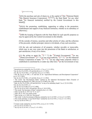1
[* * * * * * *]
2
[(8A) the purchase and sale of shares in, or the capital of 3
[the 4
[National Bank]
5
[the Deposit Insurance Corporation], 6
[*****], the State Bank 7
[or any other
bank 8
[or financial institution] notified by the Central Government in this
behalf]];
9
[(8AA) the promoting, establishing, supporting or aiding in the promotion,
establishment and support of any financial institution, whether as its subsidiary or
otherwise;]
10
[(8B) the keeping of deposits with the State Bank for such specific purposes as
may be approved by the Central Government in this behalf];
(9) the custody of monies, securities and other articles of value, and the collection
of the proceeds, whether principal, interest or dividends, of any such securities;
(10) the sale and realisation of all property, whether movable or immovable,
which may in any way come into the possession of the Bank in satisfaction, or
part satisfaction, of any of its claims;
(11) the acting as agent for 11
[* * *] the 12
[Central Government] 13
[or any
14
[State] Government 15
[* * *] or any local authority 16
[* * *] 17
[or the Industrial
Finance Corporation of India 18
[* * *] 19
[or any other body corporate which is
established or constituted by or under any other law] 20
[or the Government of any
1
Second proviso omitted by Act 32 of 1951, s.7 (w.e.f. 1-11-1951).
2
Ins. by Act 23 of 1955, s.52 and Sch.III (w.e.f. 1-7-1955).
3
Ins. By Act 10 of 1963, s. 47 and Sch. II (w.e.f. 1-5-1963).
4
Sub. By Act 61 of 1981, s. 61 and Sch. II, for “Agricultural Refinance and Development Corporation”
(w.e.f. 12-7-1982).
5
Ins. by Act 47 of 1961, s.51 and Sch. II (w.e.f. 1-1-1962).
6
The words “the Development Bank” omitted by the Industrial Development Bank (Transfer of
Undertaking and Repeal) Act, 2003 (Act No.53 of 2003), Sec. 2(b).
7
Subs. by Act 79 of 1956, s.43 and Sch.II for “or any of its subsidiary banks” (w.e.f. 22-10-1956).
8
Ins. by Act 18 of 1957, s.2.
9
Ins. by Act 53 of 1987 (w.e.f. 9-7-1988).
10
Ins. by Act 38 of 1959, s.64 and Sch. III (w.e.f. 10-9-1959).
11
The words “the Secretary of State” omitted by the A. O. 1948.
12
Subs. by the M. O. 1937, for “G. G. in C”.
13
Subs. M. O. 1937, for certain words.
14
Subs. by the A. O. 1950, for “Provincial”.
15
The words “or the Government of Burma; omitted by Act 11 of 1947, s.11 (w.e.f. 1-4-1947).
16
The words and letter “or any Part B State” omitted by Act 32 of 1951, s.7 (w.e.f. 1-11-1951).
17
Ins. by Act 44 of 1959, s.2.
18
Certain words omitted by Act 24 of 1978, s.4 (w.e.f. 21-7-1978).
19
Ins. by Act 51 of 1974, s.6.
20
Ins. by Act 32 of 1951, s.7 (w.e.f. 1-11-1951).
33
 