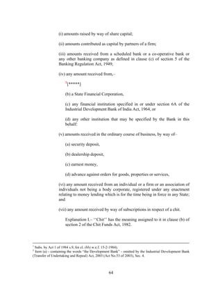 (i) amounts raised by way of share capital;
(ii) amounts contributed as capital by partners of a firm;
(iii) amounts received from a scheduled bank or a co-operative bank or
any other banking company as defined in clause (c) of section 5 of the
Banking Regulation Act, 1949;
(iv) any amount received from,–
2
[*****]
(b) a State Financial Corporation,
(c) any financial institution specified in or under section 6A of the
Industrial Development Bank of India Act, 1964, or
(d) any other institution that may be specified by the Bank in this
behalf:
(v) amounts received in the ordinary course of business, by way of–
(a) security deposit,
(b) dealership deposit,
(c) earnest money,
(d) advance against orders for goods, properties or services,
(vi) any amount received from an individual or a firm or an association of
individuals not being a body corporate, registered under any enactment
relating to money lending which is for the time being in force in any State;
and
(vii) any amount received by way of subscriptions in respect of a chit.
Explanation I.– ‘‘Chit’’ has the meaning assigned to it in clause (b) of
section 2 of the Chit Funds Act, 1982.
1
Subs. by Act 1 of 1984 s.9, for cl. (bb) w.e.f. 15-2-1984).
2
Item (a) - containing the words “the Development Bank” - omitted by the Industrial Development Bank
(Transfer of Undertaking and Repeal) Act, 2003 (Act No.53 of 2003), Sec. 4.
64
 