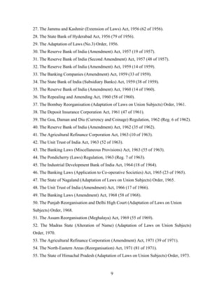 27. The Jammu and Kashmir (Extension of Laws) Act, 1956 (62 of 1956).
28. The State Bank of Hyderabad Act, 1956 (79 of 1956).
29. The Adaptation of Laws (No.3) Order, 1956.
30. The Reserve Bank of India (Amendment) Act, 1957 (19 of 1957).
31. The Reserve Bank of India (Second Amendment) Act, 1957 (48 of 1957).
32. The Reserve Bank of India (Amendment) Act, 1959 (14 of 1959).
33. The Banking Companies (Amendment) Act, 1959 (33 of 1959).
34. The State Bank of India (Subsidiary Banks) Act, 1959 (38 of 1959).
35. The Reserve Bank of India (Amendment) Act, 1960 (14 of 1960).
36. The Repealing and Amending Act, 1960 (58 of 1960).
37. The Bombay Reorganisation (Adaptation of Laws on Union Subjects) Order, 1961.
38. The Deposit Insurance Corporation Act, 1961 (47 of 1961).
39. The Goa, Daman and Diu (Currency and Coinage) Regulation, 1962 (Reg. 6 of 1962).
40. The Reserve Bank of India (Amendment) Act, 1962 (35 of 1962).
41. The Agricultural Refinance Corporation Act, 1963 (10 of 1963).
42. The Unit Trust of India Act, 1963 (52 of 1963).
43. The Banking Laws (Miscellaneous Provisions) Act, 1963 (55 of 1963).
44. The Pondicherry (Laws) Regulation, 1963 (Reg. 7 of 1963).
45. The Industrial Development Bank of India Act, 1964 (18 of 1964).
46. The Banking Laws (Application to Co-operative Societies) Act, 1965 (23 of 1965).
47. The State of Nagaland (Adaptation of Laws on Union Subjects) Order, 1965.
48. The Unit Trust of India (Amendment) Act, 1966 (17 of 1966).
49. The Banking Laws (Amendment) Act, 1968 (58 of 1968).
50. The Punjab Reorganisation and Delhi High Court (Adaptation of Laws on Union
Subjects) Order, 1968.
51. The Assam Reorganisation (Meghalaya) Act, 1969 (55 of 1969).
52. The Madras State (Alteration of Name) (Adaptation of Laws on Union Subjects)
Order, 1970.
53. The Agricultural Refinance Corporation (Amendment) Act, 1971 (39 of 1971).
54. The North-Eastern Areas (Reorganisation) Act, 1971 (81 of 1971).
55. The State of Himachal Pradesh (Adaptation of Laws on Union Subjects) Order, 1973.
9
 