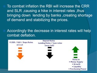 .
 To combat inflation the RBI will increase the CRR
and SLR ,causing a hike in interest rates ,thus
bringing down lending by banks ,creating shortage
of demand and stabilizing the prices.
 Accordingly the decrease in interest rates will help
combat deflation.
 