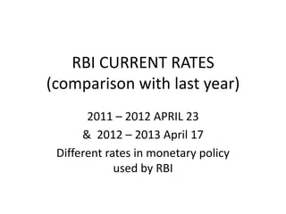 RBI CURRENT RATES
(comparison with last year)
       2011 – 2012 APRIL 23
      & 2012 – 2013 April 17
 Different rates in monetary policy
             used by RBI
 