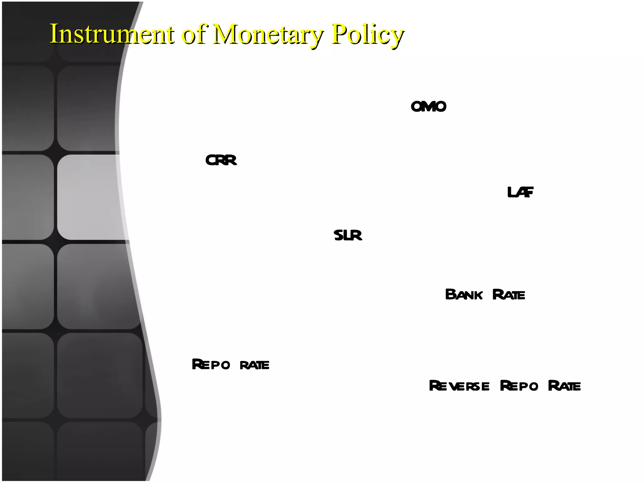 Instrument of Monetary Policy Repo rate CRR SLR Bank Rate Reverse Repo Rate OMO LAF Reverse Repo Rate 