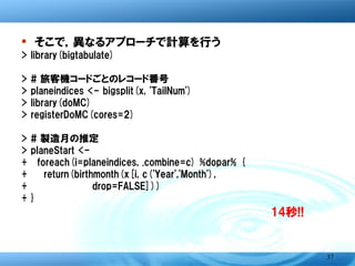 � そこで，異なるアプローチで計算を行う
>   library(bigtabulate)
>   # 旅客機コードごとのレコード番号
>   planeindices <- bigsplit(x, 'TailNum')
>   library(doMC)
>   registerDoMC(cores=2)
>   # 製造月の推定
>   planeStart <-
+     foreach(i=planeindices, .combine=c) %dopar% {
+       return(birthmonth(x[i, c('Year','Month'),
+               drop=FALSE]))
+   }
                                              14秒!!



                                                      37
 