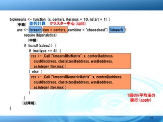 bigkmeans <- function (x, centers, iter.max = 10, nstart = 1){
   (中略) 並列計算 クラスター中心(split)
    ans <- foreach(cen = centers, .combine = "choosebest") %dopar% {
            require(biganalytics) 結果の集約(combine)
          (中略)
            if (is.null(xdesc)) {
                if (mattype == 4) {
                  res <- .Call("kmeansRIntMatrix", x, center@address,
                    clust@address, clustsizes@address, wss@address,
                    as.integer(iter.max))
                } else {
                  res <- .Call("kmeansRNumericMatrix", x, center@address,
                    clust@address, clustsizes@address, wss@address,
                    as.integer(iter.max))
                }
            }
                                                                 1回のk平均法の
                                                                   実行(apply)
　　　　　(以降略)
}

                                                                         56
 