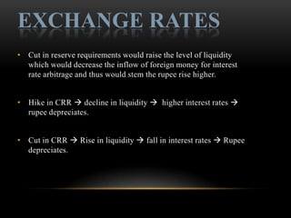 EXCHANGE RATES
• Cut in reserve requirements would raise the level of liquidity
  which would decrease the inflow of foreign money for interest
  rate arbitrage and thus would stem the rupee rise higher.


• Hike in CRR  decline in liquidity  higher interest rates 
  rupee depreciates.


• Cut in CRR  Rise in liquidity  fall in interest rates  Rupee
  depreciates.
 