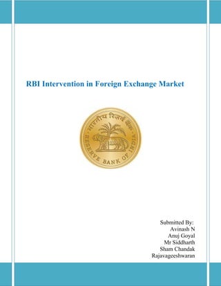 RBI Intervention in Foreign Exchange Market




                                     Submitted By:
                                         Avinash N
                                        Anuj Goyal
                                       Mr Siddharth
                                     Sham Chandak
                                  Rajavageeshwaran
 
